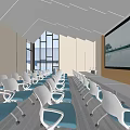 Modern Conference Room Interior Design With White Chairs Blue Backs Large Screen And Bright Windows