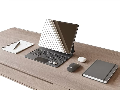 Stylish Desktop Ornament Combination With Tablet Keyboard Notebook Pen And Mice On Wooden Desk 3d model