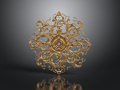Golden Ornate Decorative Component With Intricate Filigree And Symmetrical Scroll Patterns 3d model