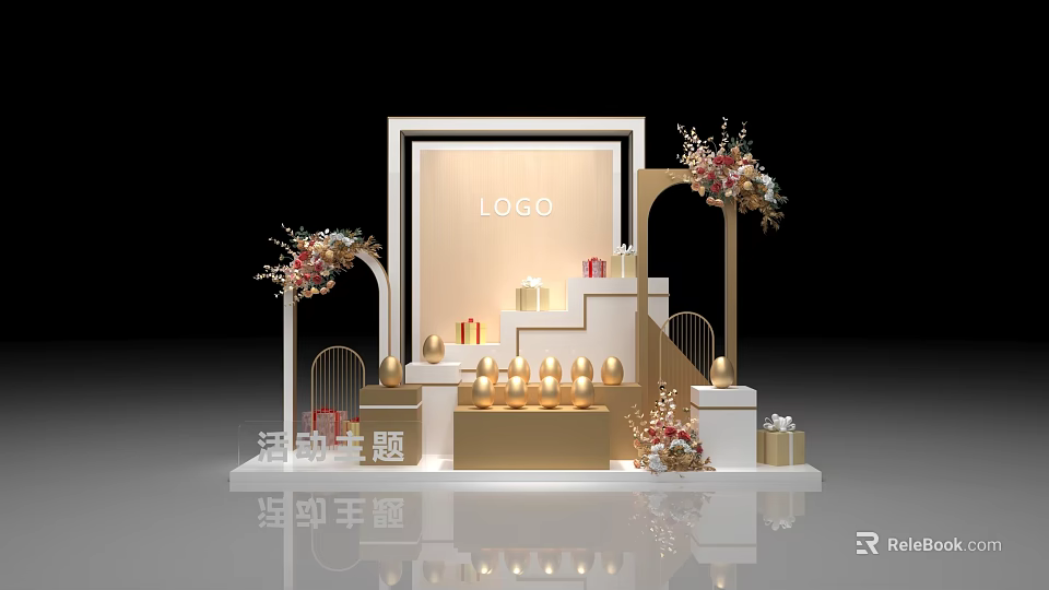 Luxury Sales Office Interior Design With Floral Decorations Staircase Gift Boxes And LOGO Display Area 3d model 