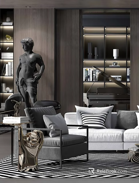 Elegant Modern Leisure Chair With Sofa Pillows And Decorative Statue In Living Room 3d model 