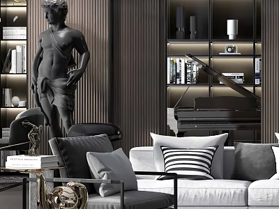 Elegant Modern Leisure Chair With Sofa Pillows And Decorative Statue In Living Room 3d model