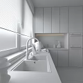 Modern Kitchen Interior Design With Gray Cabinets White Countertop Window Blinds And Oven