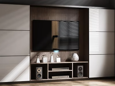 Modern White and Wooden TV Cabinet with Integrated TV and Decorative Vases on Shelves 3d model