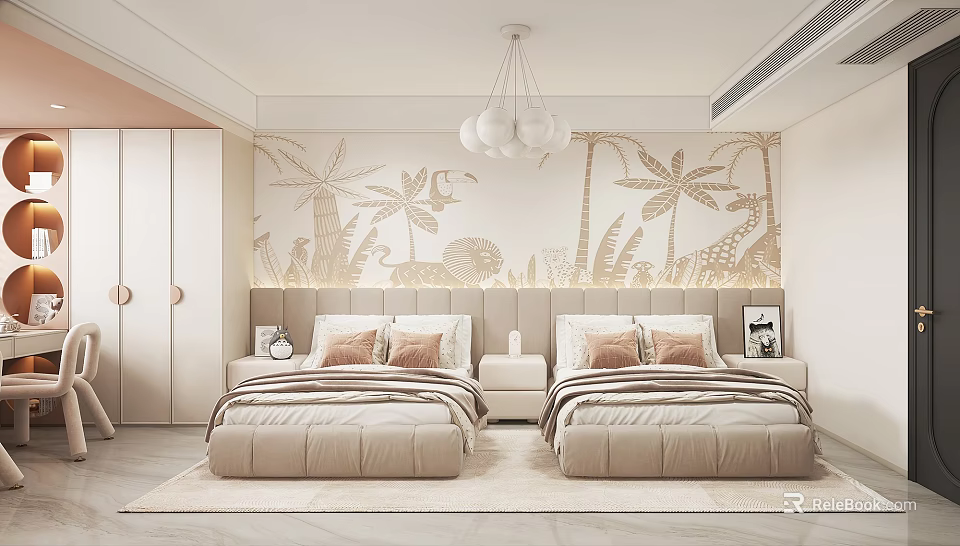 Kids Room Interior With Twin Beds Beige Bedding Palm Tree Animal Wall Decor And Chandelier 3d model 