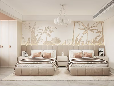 Kids Room Interior With Twin Beds Beige Bedding Palm Tree Animal Wall Decor And Chandelier 3d model