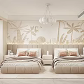 Kids Room Interior With Twin Beds Beige Bedding Palm Tree Animal Wall Decor And Chandelier