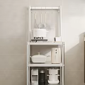 Wooden Kitchen Cabinets Featuring Metal Shelf Microwave Cooking Utensils And Storage Boxes
