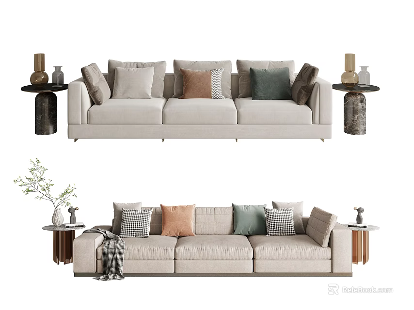 Modern Beige Three-Seater Sofa With Mixed Throw Pillows And Decorative Side Tables 3d model