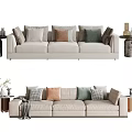 Modern Beige Three-Seater Sofa With Mixed Throw Pillows And Decorative Side Tables 3d model