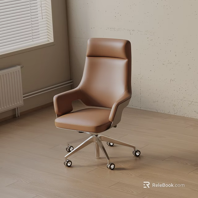 Brown Leather Office Chair With High Back Armrests And Swivel Metal Base 3d model 
