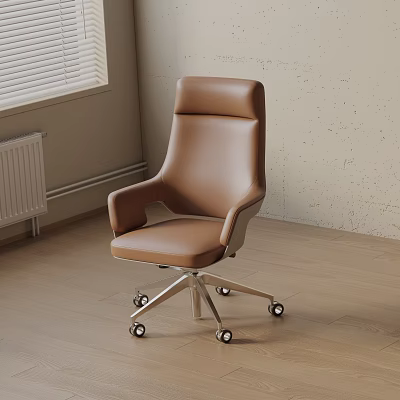 Brown Leather Office Chair With High Back Armrests And Swivel Metal Base 3d model