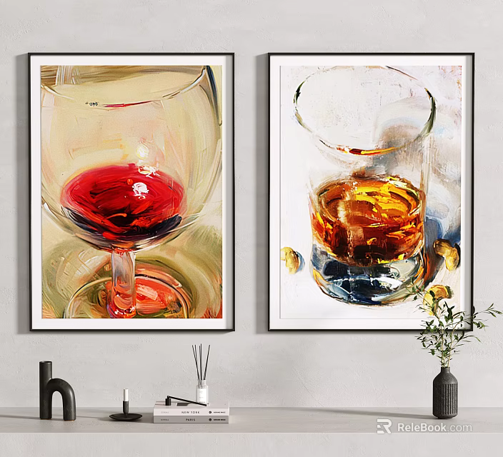 Oil Paintings Of Wine Glass And Whiskey Glass For Wall Decor 3d model 