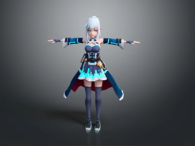 Game Movie Character With White Long Hair Blue Black Outfit Glowing Accents Red Cape 3d model