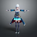 Game Movie Character With White Long Hair Blue Black Outfit Glowing Accents Red Cape