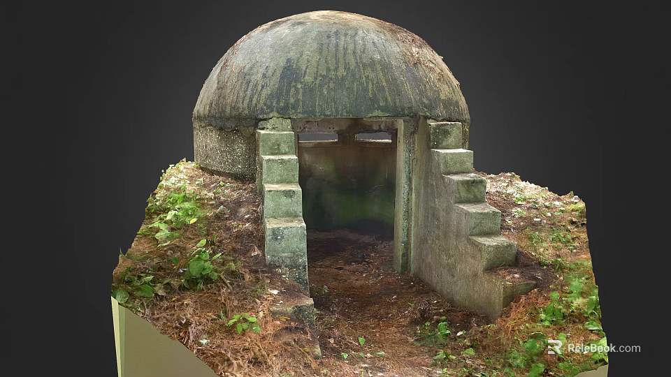 Ancient Stone Dome Structure With Entrance Steps Moss Covered Exterior And Overgrown Grass Weeds 3d model 