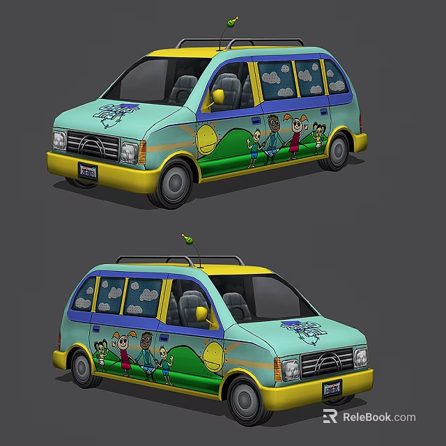 Colorful Light Blue And Yellow Minivan With Cartoon Graphics Of Children Trees And Sun Exterior 3d model 