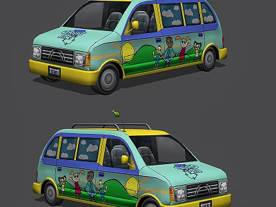 Colorful Light Blue And Yellow Minivan With Cartoon Graphics Of Children Trees And Sun Exterior 3d model