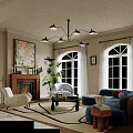 Modern Living Room Interior With Fireplace Large Windows Blue Sofa Green Plants And Chandelier