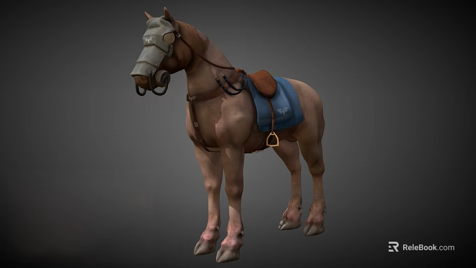 Realistic Brown Horse Equipped with Leather Harness Blue Saddle Pad and Bridle 3d model 