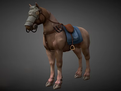 Realistic Brown Horse Equipped with Leather Harness Blue Saddle Pad and Bridle 3d model