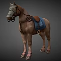 Realistic Brown Horse Equipped with Leather Harness Blue Saddle Pad and Bridle