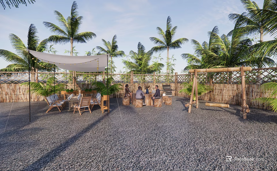 Courtyard Garden With Palm Trees Shaded Canopy Wooden Furniture Swing And Gravel Ground 3d model 