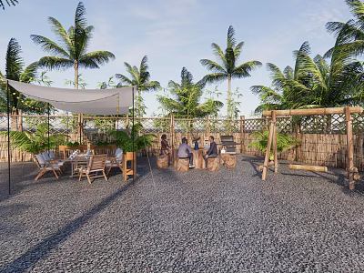Courtyard Garden With Palm Trees Shaded Canopy Wooden Furniture Swing And Gravel Ground 3d model