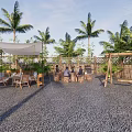 Courtyard Garden With Palm Trees Shaded Canopy Wooden Furniture Swing And Gravel Ground