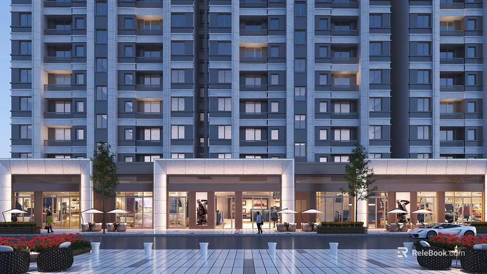 Modern Commercial Street with Contemporary Building Facades Storefronts Shop Windows and Pedestrian-Friendly Outdoor Areas 3d model 