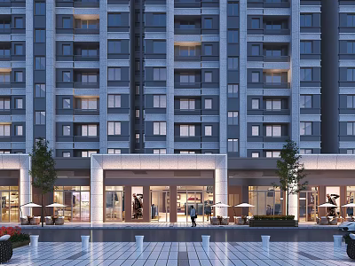 Modern Commercial Street with Contemporary Building Facades Storefronts Shop Windows and Pedestrian-Friendly Outdoor Areas 3d model