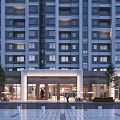 Modern Commercial Street with Contemporary Building Facades Storefronts Shop Windows and Pedestrian-Friendly Outdoor Areas