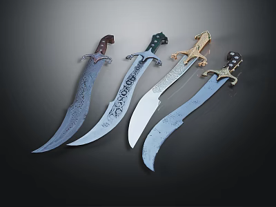 Four Ornamental Curved Blades With Engraved Patterns And Multicolored Handles Design 3d model