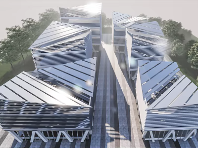 Modern Commercial Street Architectural Design With Sloped Metal Roofs And Trees 3d model