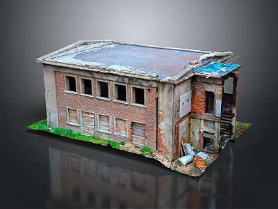 Abandoned Red Brick Building Model With Damaged Roof And Broken Windows 3d model