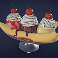 Banana Split With Vanilla Chocolate Strawberry Ice Cream Whipped Cream And Cherries On Silver Plate