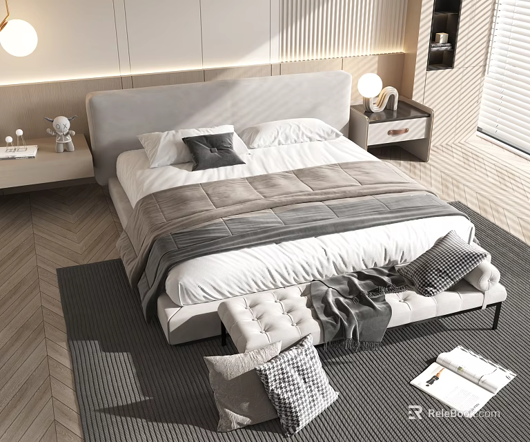 Modern Double Bed Interior With Upholstered Headboard Plaid Bedspread Nightstand Lamp And Foot Bench 3d model 