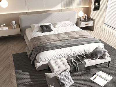 Modern Double Bed Interior With Upholstered Headboard Plaid Bedspread Nightstand Lamp And Foot Bench 3d model