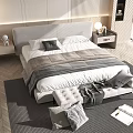 Modern Double Bed Interior With Upholstered Headboard Plaid Bedspread Nightstand Lamp And Foot Bench