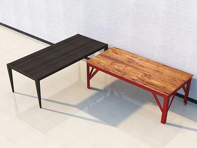 Two Modern Wooden Tables With Dark And Light Tops And Colored Legs In Interior 3d model