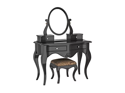 Elegant Black Dressing Table With Oval Mirror Drawers And Padded Stool 3d model