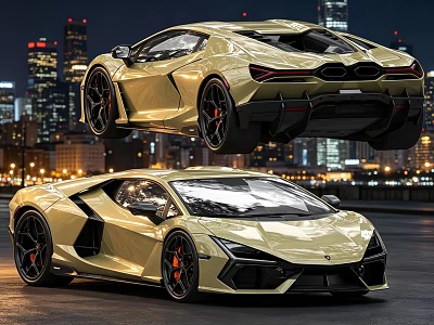 Modern Golden Sports Car With Sleek Exterior In City Night Skyline 3d model
