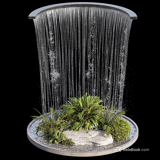 Decorative Garden Ornament Featuring Water Curtain And Lush Green Plants 3d model 