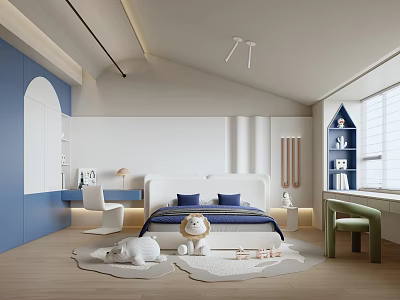 Cozy Modern Kids Room Interior With Blue White Bed Stuffed Toys Desk Chair And Bookshelf 3d model