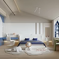 Cozy Modern Kids Room Interior With Blue White Bed Stuffed Toys Desk Chair And Bookshelf
