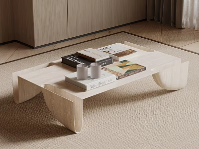 Modern Light Wood Coffee Table With Books White Cups And Tray On Beige Rug 3d model