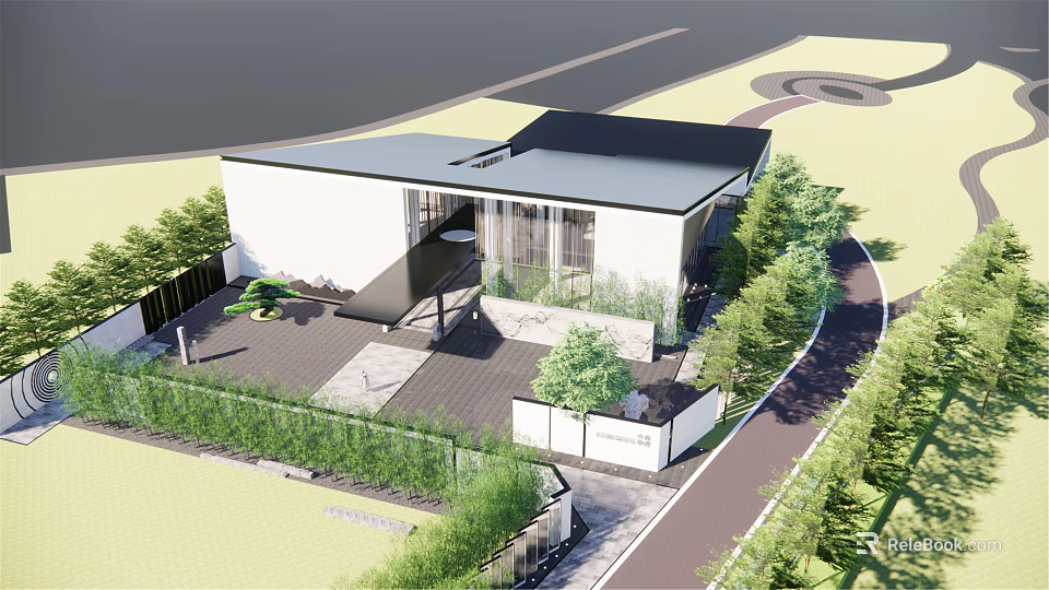 Modern Style Sales Office Building With White Exterior Black Roof And Surrounding Greenery 3d model 