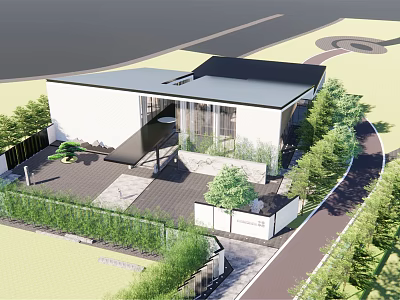 Modern Style Sales Office Building With White Exterior Black Roof And Surrounding Greenery 3d model