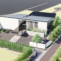 Modern Style Sales Office Building With White Exterior Black Roof And Surrounding Greenery