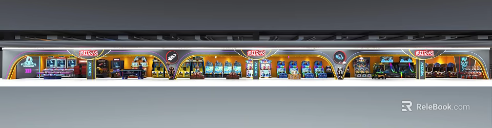 Colorful Playground Entertainment Area With Row Of Interactive Game Machines And Bright Lights 3d model 